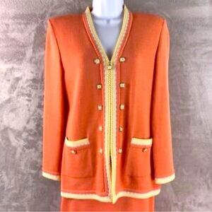 St. John Collection Orange Two Piece with Yellow & White Trim Skirt Suit - Sz 6